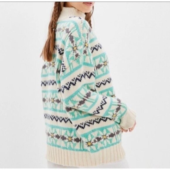 American Eagle Outfitters Womens Xs Cream Blue Fair-isle Knit Sweater Oversized - Picture 2 of 8
